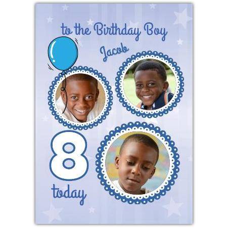 Personalised 8th Birthday Card for Boys with Photo Collage and Blue Balloon Design