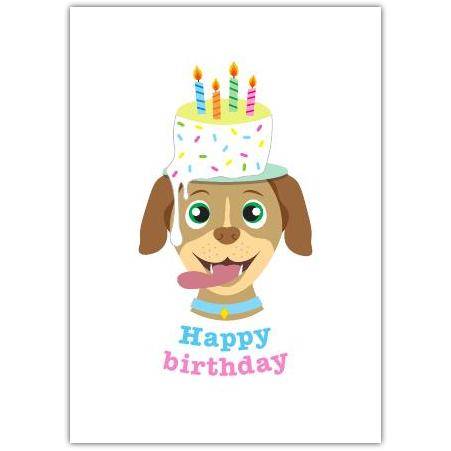 Happy Birthday Card with Cute Dog Wearing Birthday Cake Hat and Candles