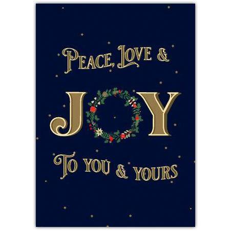 Peace Love and Joy Christmas Card with Festive Wreath Design on Navy Background