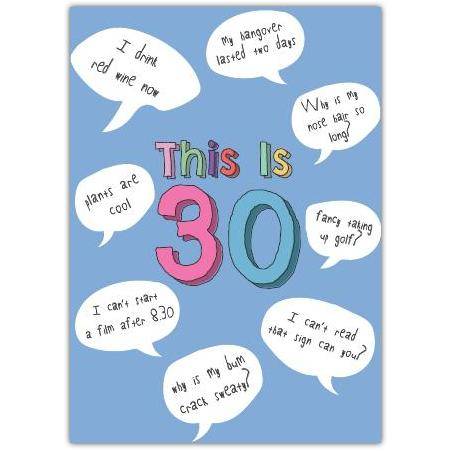 30th Birthday Card Humorous Age Milestone with Funny Quotes in Speech Bubbles
