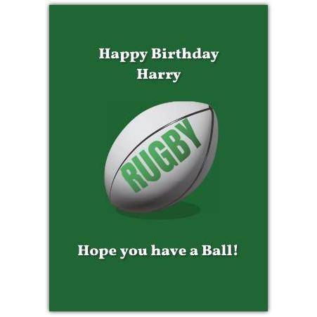 Personalised Rugby Birthday Card with Custom Name and Fun Ball Pun on Green Background