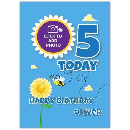 Personalised 5th Birthday Card for Boy with Bee and Flower Design Blue Background