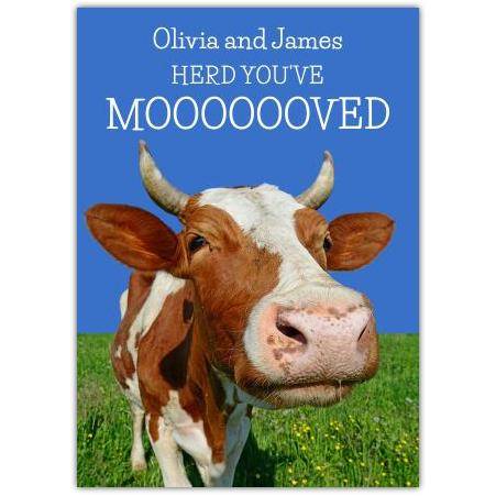 Personalised Humorous New Home Card with Friendly Cow and Herd Pun