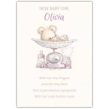 Personalised New Baby Girl Olivia Bear on Scale Newborn Baby Card