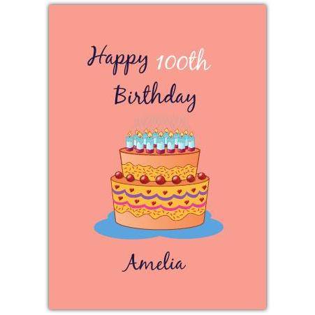 Personalised 100th Birthday Card with Illustrated Cake on Coral Background