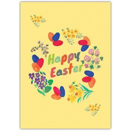 Happy Easter Card with Colourful Flowers and Painted Eggs on Yellow Background