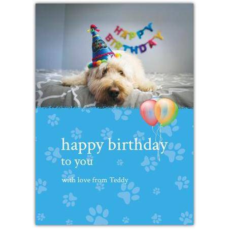 Personalised Happy Birthday Card from Dog with Party Hat and Balloons