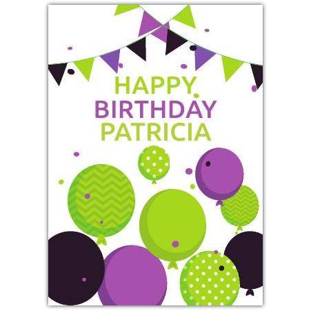 Personalised Happy Birthday Card with Green and Purple Balloons and Bunting Design
