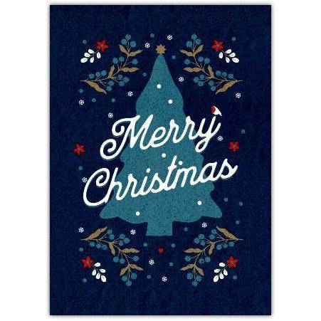 Merry Christmas Blue Tree Berries Greeting Card
