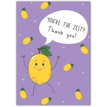 Thank You Card with Cute Lemon Character and You're the Zest Message on Purple Background