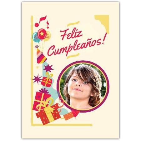 Personalised Feliz Cumpleaños Birthday Card with Photo and Colourful Presents Design