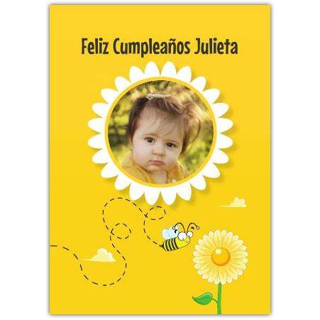Personalised Spanish Happy Birthday Card with Sunflower and Bee Design for Children