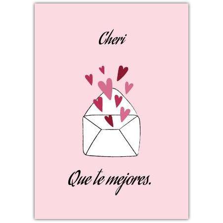 Get Well Soon Card in Spanish with Hearts and Envelope Design Cheri Que te mejores