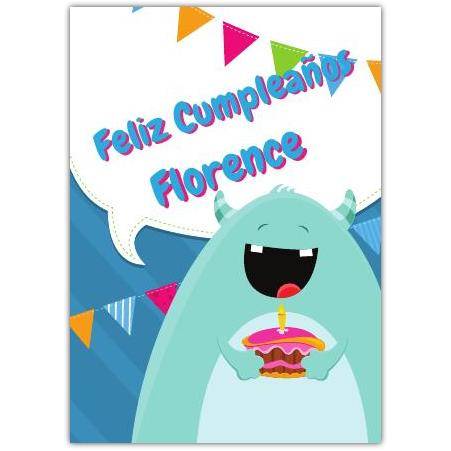 Personalised Spanish Happy Birthday Monster Card with Cake and Colourful Bunting