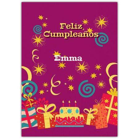 Personalised Feliz Cumpleaños Spanish Birthday Card with Cake and Presents Design
