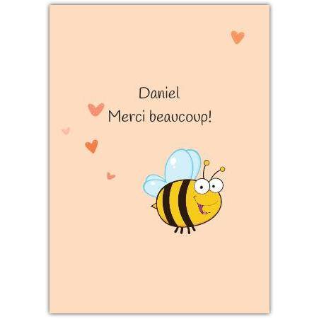 Personalised Thank You Card with Cute Bee Design and Hearts in French Merci Beaucoup