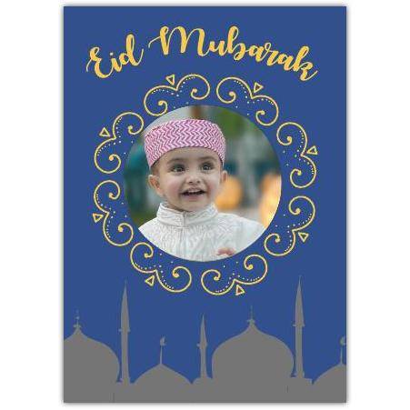 Personalised Eid Mubarak Greeting Card with Photo Frame and Mosque Silhouette Design
