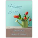 Personalised Happy Easter Card with Red Tulips in Green Watering Can Design