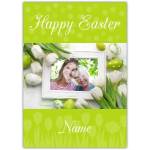 Personalised Happy Easter Card with Photo Tulips and Easter Eggs Design