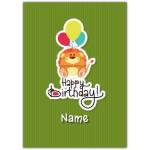 Personalised Happy Birthday Card with Cute Lion and Colourful Balloons on Green Background