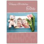 Personalised Happy Birthday Card with Teddy Bear and Pink Tulips Design
