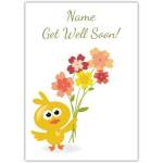 Personalised Get Well Soon Card with Cute Yellow Bird Holding Colourful Flowers