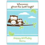 Personalised Happy Birthday Card with Two Owls Hugging on Branch Design