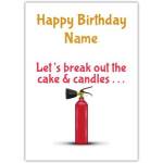 Personalised Humorous Happy Birthday Card Featuring Fire Extinguisher Cake and Candles Design