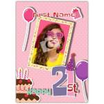 Personalised 21st Birthday Card with Cake Balloons and Photo Frame on Pink Background