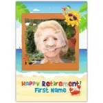 Personalised Happy Retirement Card with Beach Sand Sea Design and Name Option