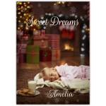Personalised Sweet Dreams Christmas Card with Sleeping Child and Festive Gifts Design