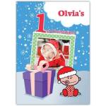Personalised Baby's First Christmas Photo Card with Festive Snowflakes and Gift Design