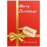 Personalised Merry Christmas Card Gold Present Ribbon Tag I Am All Yours Design