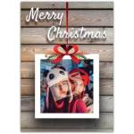 Personalised Merry Christmas Photo Frame Bow Card with Festive Wood Background