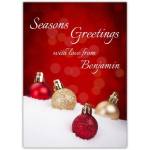 Personalised Seasons Greetings Christmas Baubles Card with Name on Red Snow Background