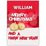 Personalised Merry Christmas and Happy New Year Card with Festive Baubles on Red Background