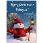 Personalised Merry Christmas Snowman With Lantern Winter Scene Card