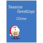 Personalised Seasons Greetings Christmas Card with Cute Santa Holding Merry Xmas Sign