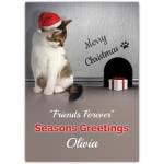 Personalised Cat Wearing Santa Hat Seasons Greetings Christmas Card Friends Forever