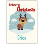Personalised Cute Reindeer in Snow Christmas Card with Name Customisation