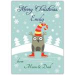Personalised Skating Owl Christmas Card with Snowflakes and Trees for Kids and Family
