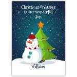Personalised Christmas Card for Son with Snowman and Tree Design