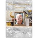Personalised Happy Christmas Grandad Photo Frame Card with Festive Decorations and Custom Message