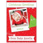 Personalised Baby Christmas Photo Card with Green Tree and Red Background Seasonal Greeting