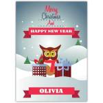 Personalised Owl Christmas and Happy New Year Card with Festive Gifts Design