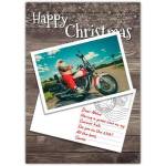 Happy Christmas Card with Santa Riding Motorbike on Wood Background