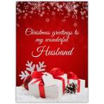 Christmas Greetings to My Wonderful Husband Red Festive Christmas Card with Gift Design