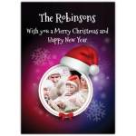 Personalised Family Merry Christmas and Happy New Year Photo Card with Santa Hat Design