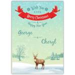 Personalised Reindeer Christmas Card with Winter Scene and Seasonal Greetings