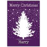 Personalised Merry Christmas Card with White Tree on Purple Snowflake Background